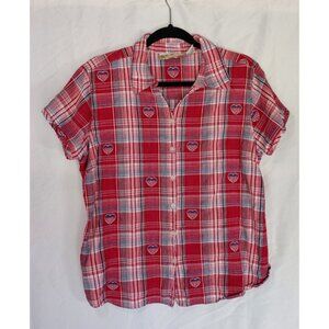 Vtg Angelique Button‎ Up Shirt Plaid Patriotic Flag Hearts Women XL Short Sleeve